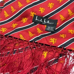 VTG long red silk scarf by Nicole Miller, hand sewn with fringe, 60 by 10.5 in
